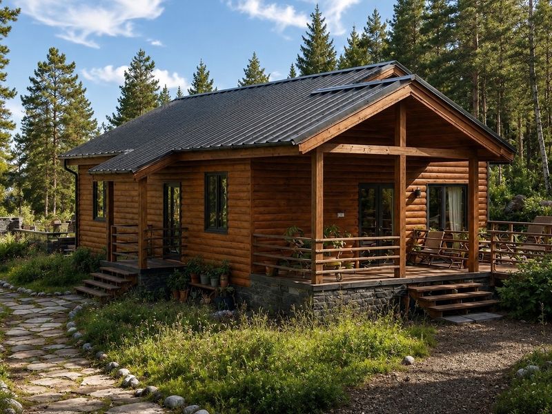 Деревянный дом с террасой и дорожкой из камня